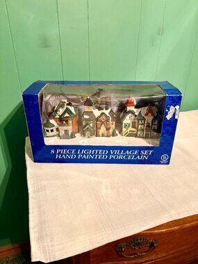 Holiday Traditions 3 Piece Village Set Hand Painted Porcelain In Box Christmas